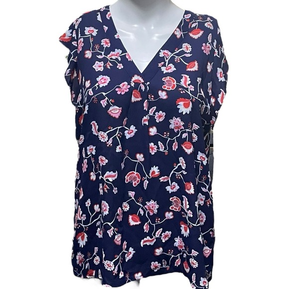 Dalia Navy Red Floral Sleeveless‎ Blouse Size Medium  Ruffle Cap Sleeves - Picture 1 of 8